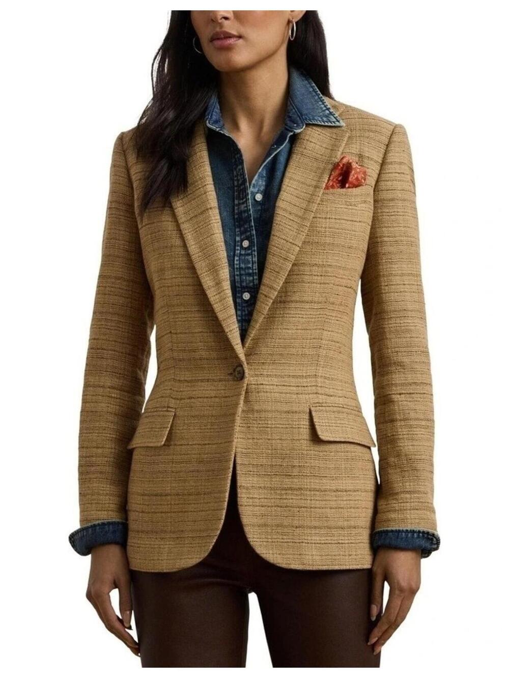 395$ Lauren Ralph Herringbone Linen Tweed Blazer Women's Size 4 US Brown